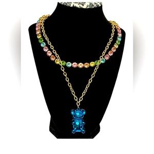 Betsey Johnson Sugar Rush Metallic Blue Bear Necklace Set